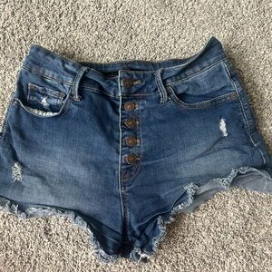 Juniors Rewash Button fly Buttonfly Blue Denim Jean Shorts Size 5 /27 Distressed